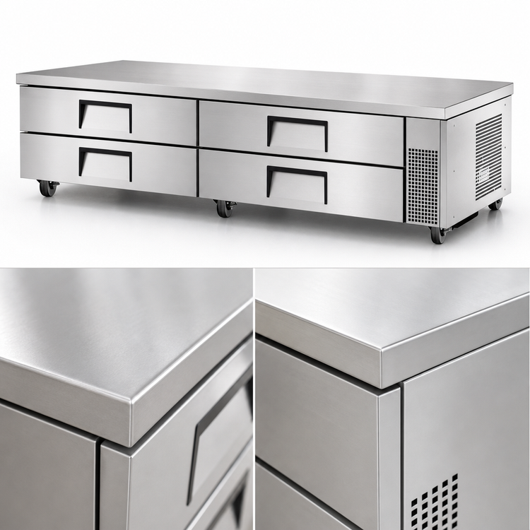 Product image #3 for True 95-1/2 Inch Wide Refrigerated Chef Base with 4 Drawers, Self-Contained Side-Mounted Refrigeration