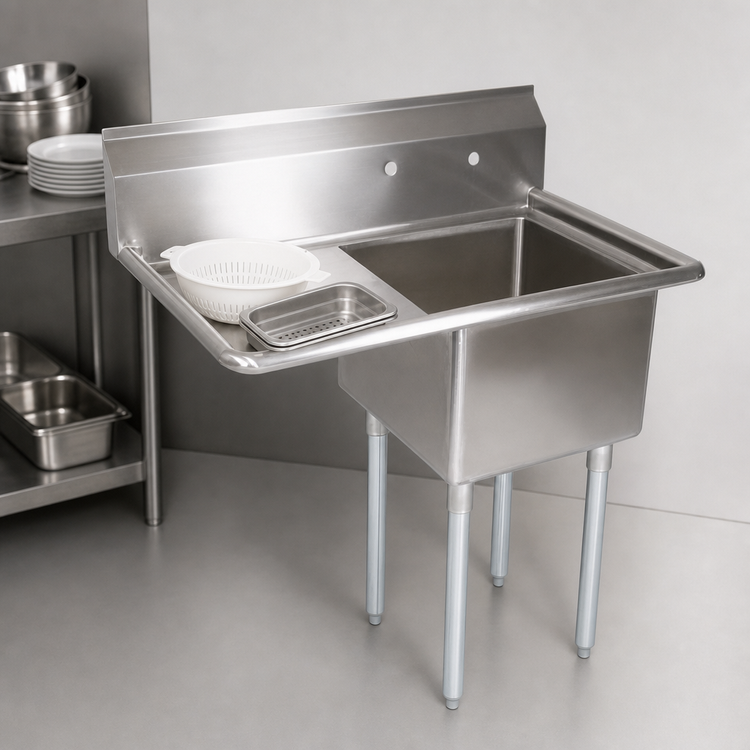 Product image #3 for John Boos E-Series 1-Compartment Sink with Left Drainboard, 16" x 20" x 12" Bowl, 18-Gauge 300-Series Stainless Steel