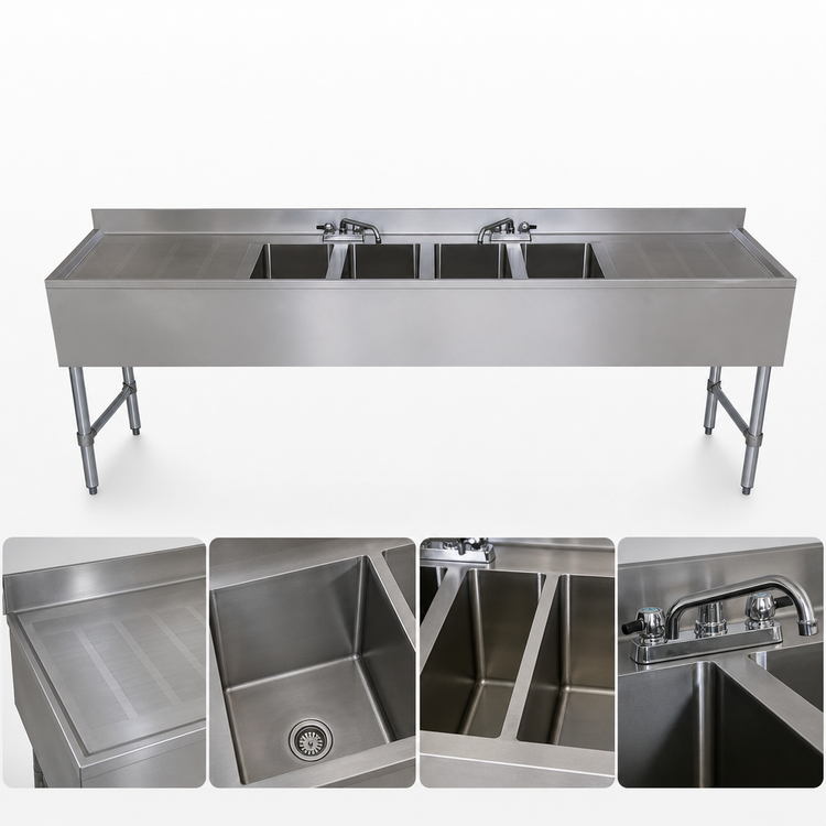 Product image #3 for BK Resources Four-Compartment Stainless Steel Underbar Sink with Dual Drainboards, 96 Inch Wide