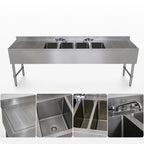 Thumbnail image #3 for BK Resources UB4-21-496TS Four-Compartment Stainless Steel Underbar Sink with Dual Drainboards, 96 Inch Wide, Faucets Included