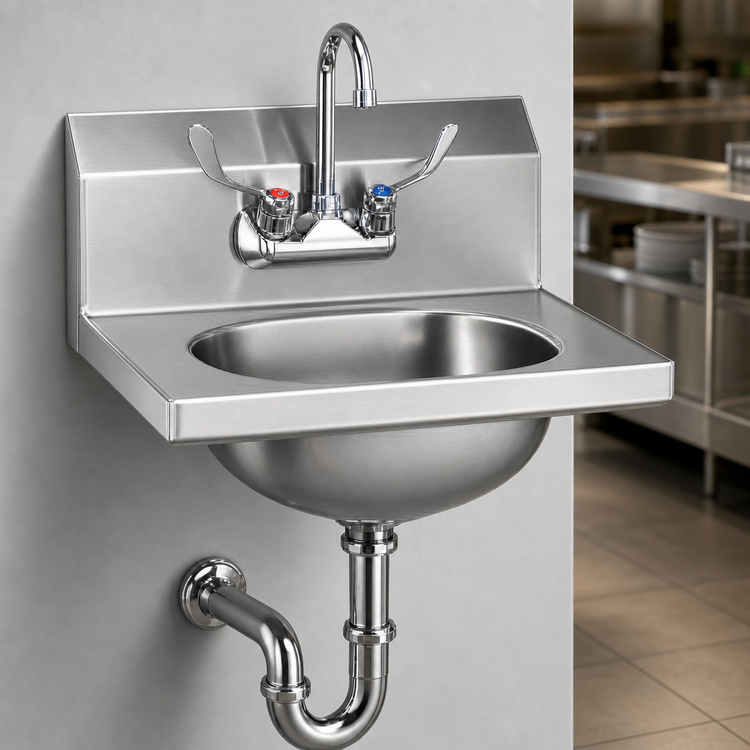 Product image #3 for Wall-Mounted 304 Stainless Steel Hand Sink with Splash-Mount Gooseneck Faucet, Wrist Handles, P-Trap, Tail Piece and Basket Drain