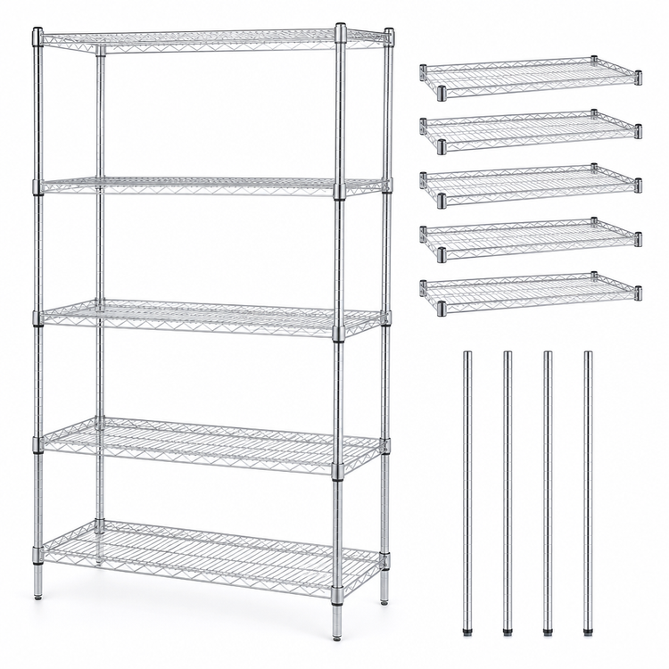 Product image #3 for Quantum Stationary Wire Shelving Starter Kit, 48"W x 30"D x 86"H, 5 Shelves, Chrome Plated