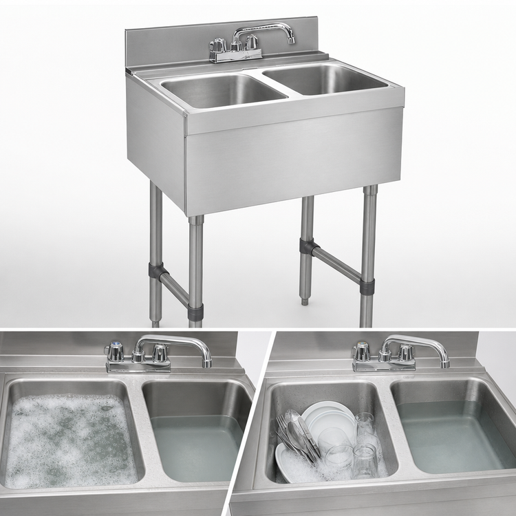 Product image #3 for Advance Tabco Underbar Basics 2-Compartment Stainless Steel Bar Sink with Deck-Mount Faucet, No Drainboards, 24-Inch Wide