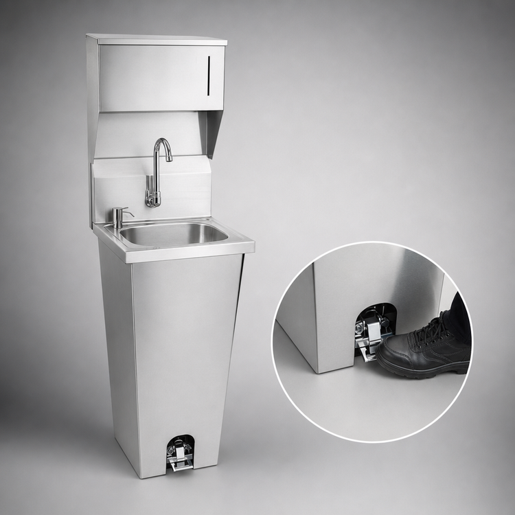 Product image #3 for Pedestal-Mount Stainless Steel Hand Sink with Foot-Pedal Faucet and Mixing Valve