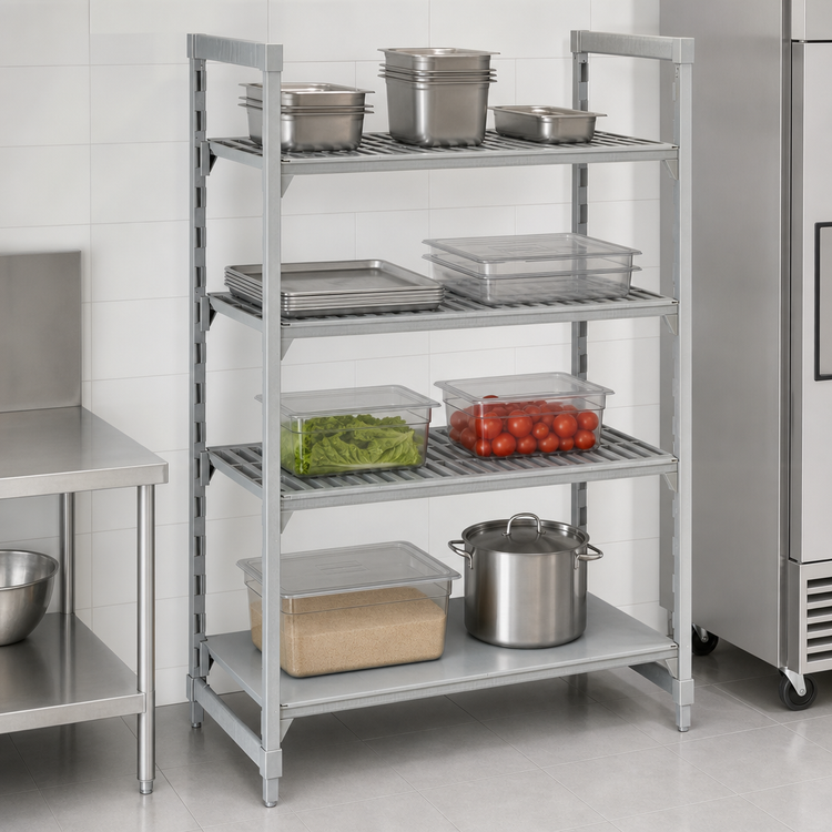 Product image #4 for Cambro Camshelving Premium 60 x 18 x 84 Inch 4-Shelf Stationary Starter Polymer Shelving Unit, 3 Vented and 1 Solid