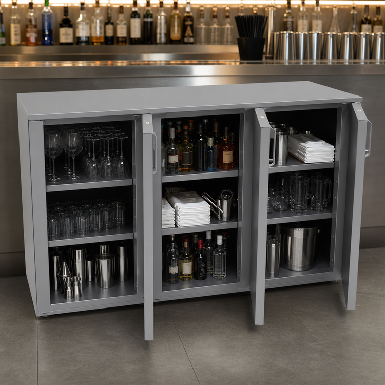Product image #3 for Glastender 72-Inch Three-Section Non-Refrigerated Back Bar Dry Storage Cabinet with Solid Hinged Doors
