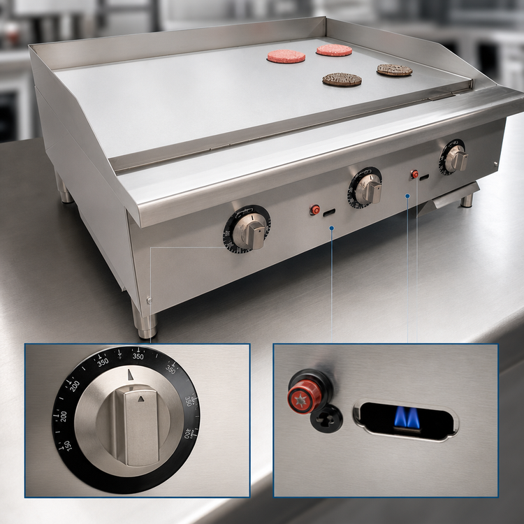 Product image #4 for Castle Heavy Duty 48-Inch Countertop Natural Gas Griddle with Thermostat Control and Safety Pilots