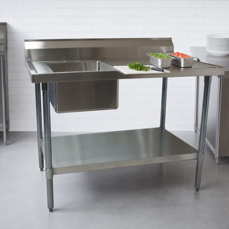 Product image #3 for BK Resources 48-Inch x 30-Inch Stainless Steel Prep Sink Work Table with Left Sink, Backsplash, and Undershelf