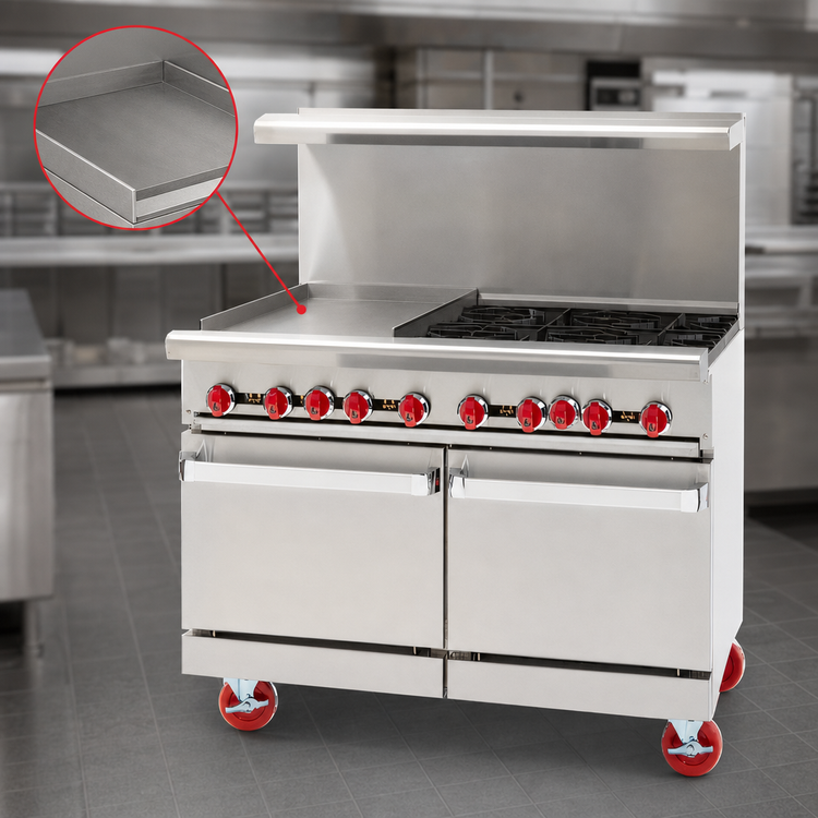 Product image #3 for American Range 48-Inch Gas Restaurant Range with Left 24-Inch Griddle, 4 Open Burners, and Two Storage Bases