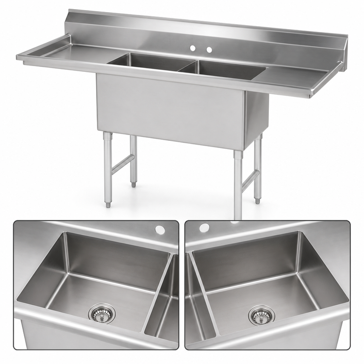 Product image #3 for 2-Compartment Fabricated Stainless Steel Sink with Left and Right Drainboards, 20" x 30" x 14" Bowls, 76-Inch Wide