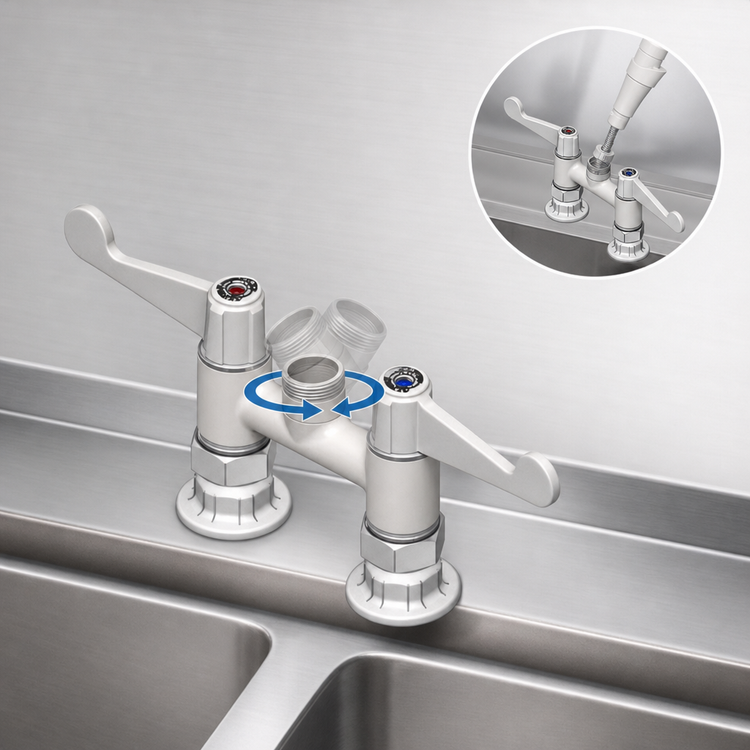 Product image #3 for equip 4" Deck Mount Mixing Faucet, Less Nozzle, Swivel Outlet, Wrist Handles