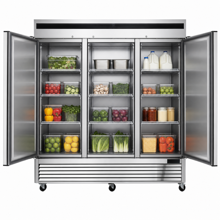 Product image #4 for Atosa Three-Section Reach-In Refrigerator, Bottom-Mount Self-Contained, Solid Doors, 67.99 Cu. Ft.