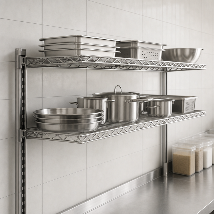 Product image #3 for Eagle Group CS1260-S 60"W x 12"D Stainless Steel Wire Cantilever Shelf with 1" Wraparound Ledge