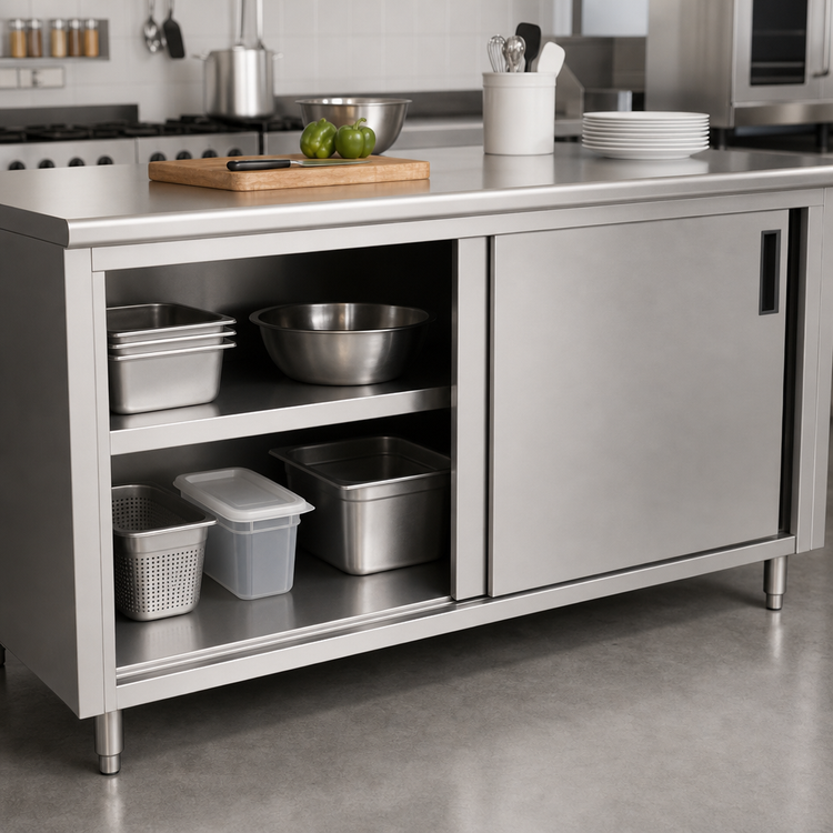 Product image #3 for Advance Tabco Special Value Economy Enclosed Work Table with Cabinet Base, Mid-Shelf, Sliding Doors, and 16 Gauge 304 Stainless Steel Top, 72 x 30 Inches