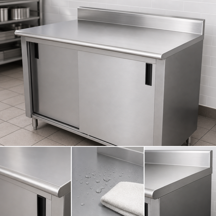 Product image #3 for Advance Tabco 60" x 24" Enclosed Work Table with Cabinet Base, Sliding Doors, 14-Gauge 304 Stainless Steel Top, and 5" Backsplash