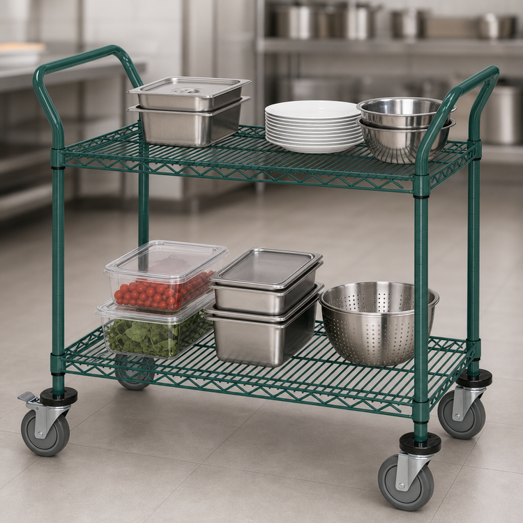 Product image #3 for Quantum 2-Shelf Wire Utility Cart with U-Handles, 60 x 24 x 37-1/2 Inches, Green Epoxy Antimicrobial Finish