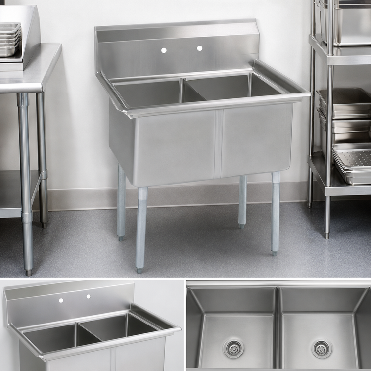 Product image #3 for BK Resources Two-Compartment No-Drainboard Stainless Steel Sink with 16" x 20" x 12" Bowls, 9" Backsplash, and Galvanized Legs