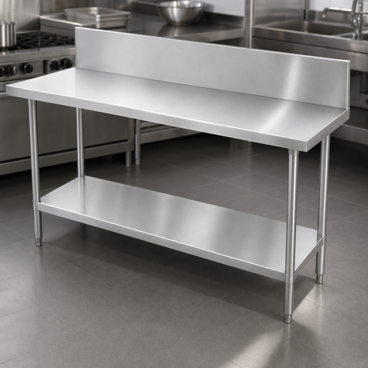 Product image #3 for Advance Tabco 72-Inch x 24-Inch Open Base Work Table with 14 Gauge 304 Stainless Steel Top, 10-Inch Backsplash, and Undershelf