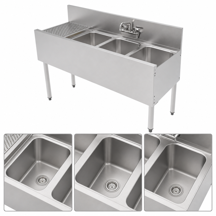 Product image #4 for Top Shelf TS Series 48-Inch Three-Compartment Stainless Steel Underbar Sink Unit with Left Drainboard