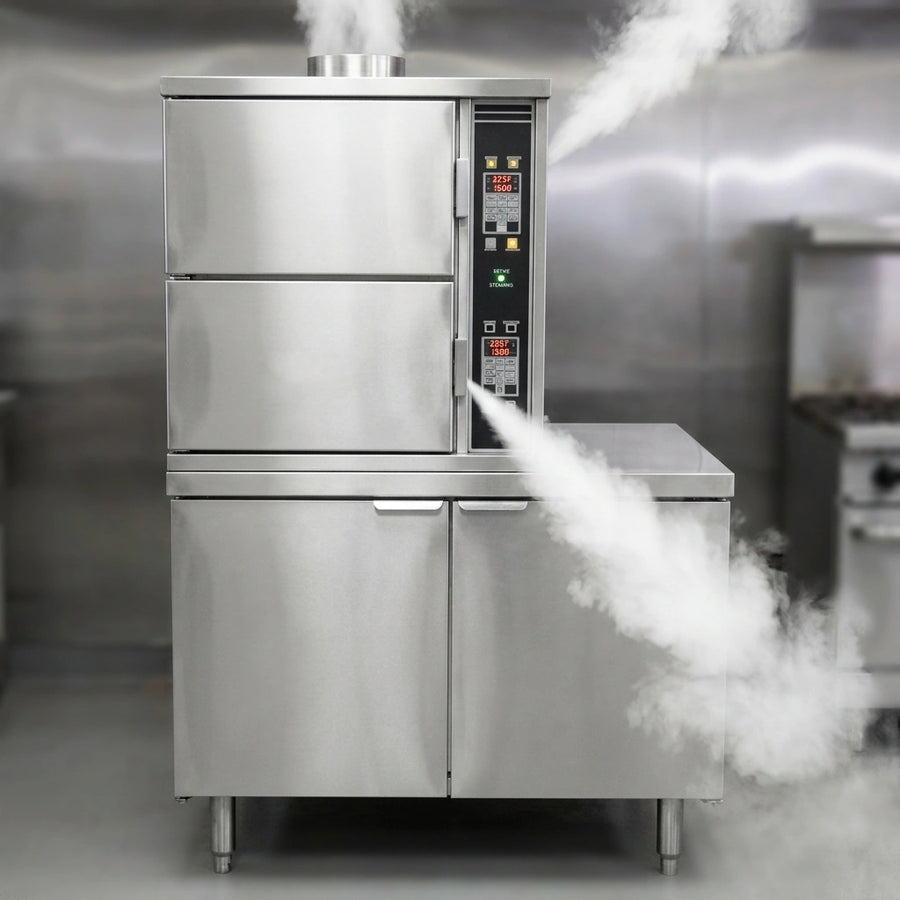 Experience efficient cooking with powerful, consistent steam output from this commercial steamer, powered by its reliable steam coil heated boiler.
