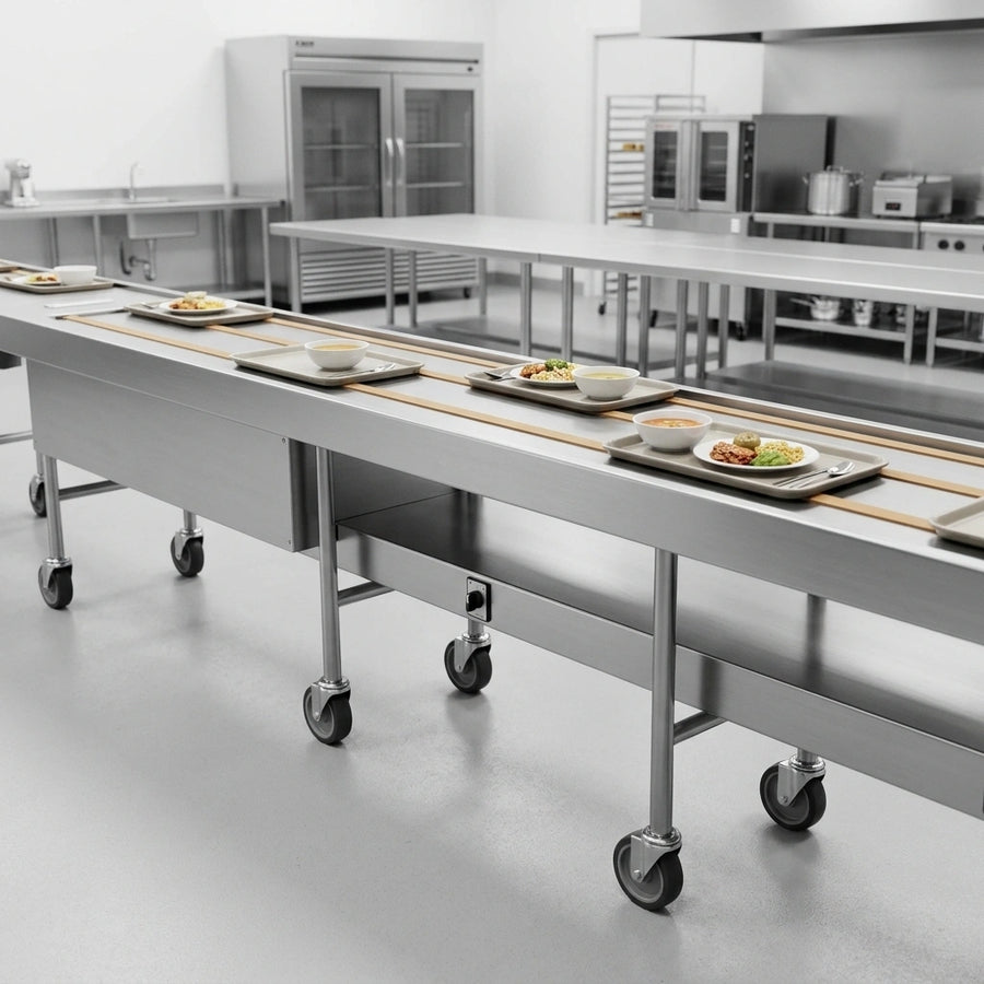 Experience the Dinex DXIESB20 conveyor's dual urethane band belts, engineered for smooth and consistent tray movement in any demanding commercial environment.