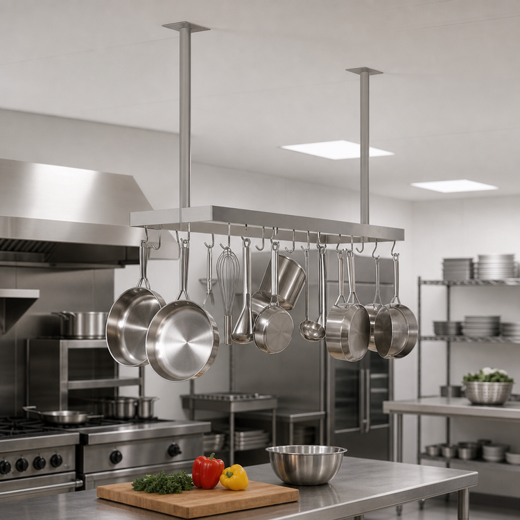 Product image #3 for John Boos Square Ceiling-Mounted Stainless Steel Pot Rack with 18 Double Hooks, 67-1/4 x 18 x 48 Inches