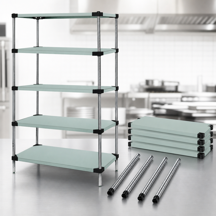 Product image #3 for Quantum Stationary 304 Stainless Steel Solid Shelving Starter Kit with 5 Shelves, 48"W x 18"D x 86"H