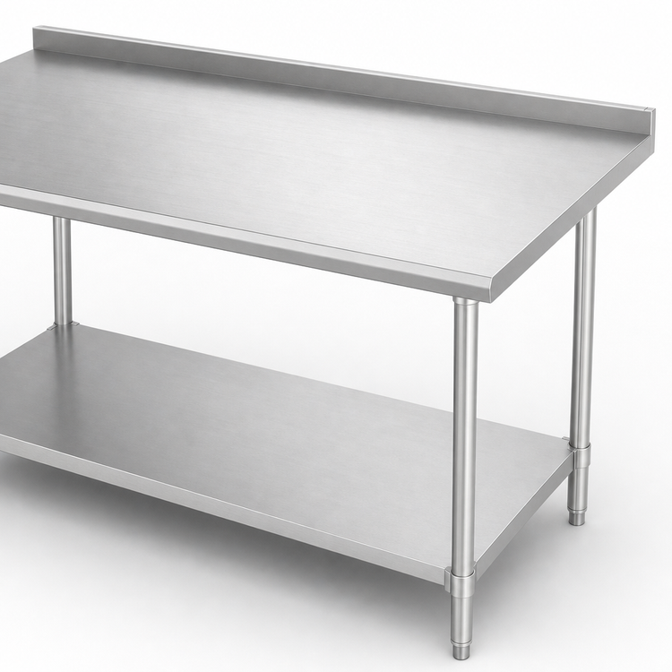 Product image #3 for Duke 108-Inch x 30-Inch 16-Gauge Stainless Steel Work Table with 1-1/8-Inch Straight Riser and Stainless Undershelf
