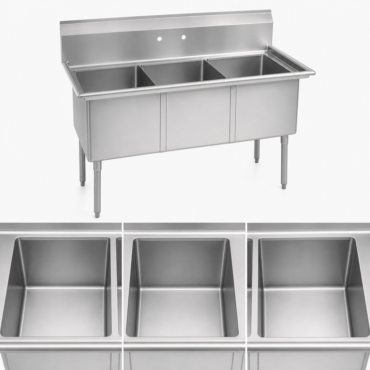 Product image #3 for BK Resources 50-Inch Three-Compartment No-Drainboard Stainless Steel Sink with 9-Inch Backsplash and Stainless Steel Legs
