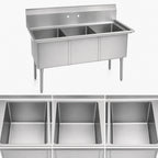 Thumbnail image #3 for BK Resources BKS-3-15-14S 50-Inch Three-Compartment No-Drainboard Stainless Steel Sink with 9-Inch Backsplash and Stainless Steel Legs