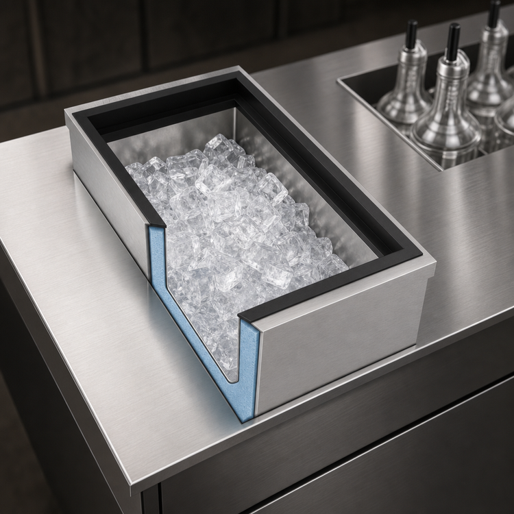 Product image #3 for MoveWell Insulated Stainless Steel Drop-In Ice Bin Modular Insert with Sliding Cover, 12" x 21" x 6"