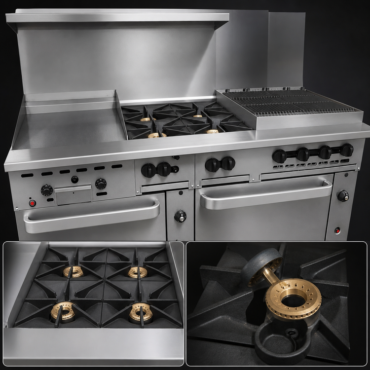 Product image #3 for Vulcan Endurance 72" Gas Restaurant Range with 4 Open Burners, 24" Griddle, 24" Charbroiler, and 2 Convection Ovens