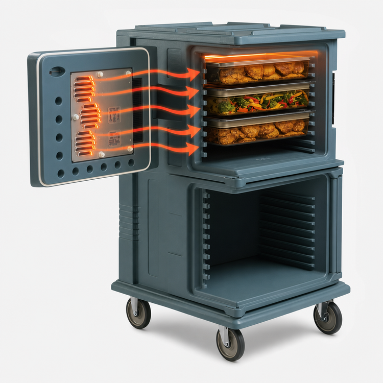 Product image #4 for Cambro Ultra Camcart H-Series 2-Compartment Front-Loading Heated Food Pan Carrier, Top Heated Door Only, Heavy-Duty Casters, Slate Blue