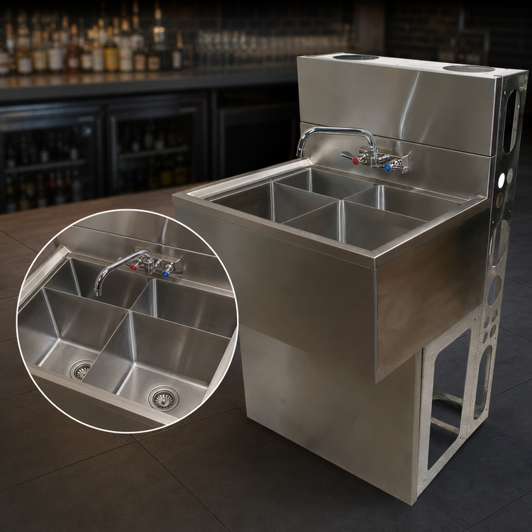 Product image #4 for BK Resources Slim-Line 3-Compartment Underbar Sink with Left Drainboard, 48 Inch Wide, 304 Stainless Steel