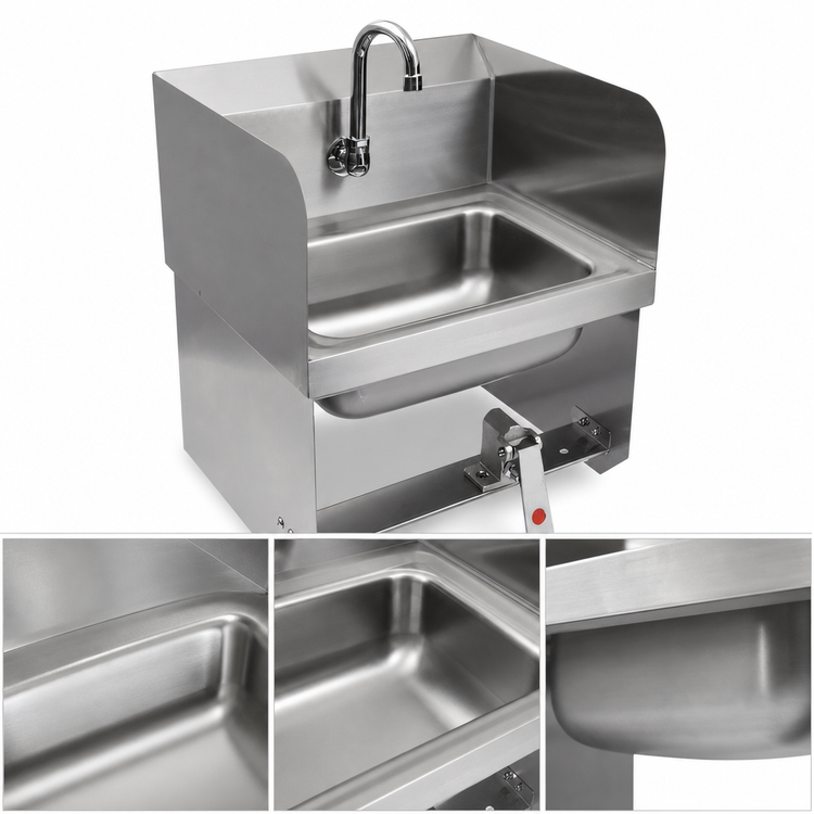Product image #3 for John Boos Pro-Bowl Wall-Mounted Stainless Steel Hand Sink with Single Knee Valve, Side Splashes, and Gooseneck Spout