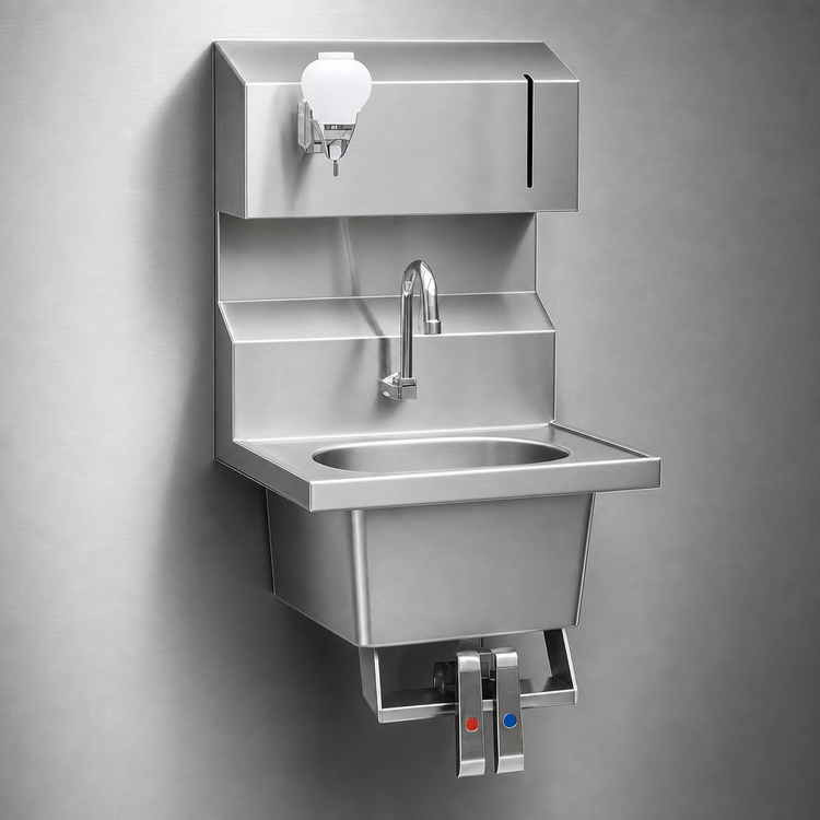 Product image #3 for Eagle Group HSA-10-FDPK Wall-Mounted Knee Pedal Hand Sink with Gooseneck Spout, Soap & Towel Dispensers, 304 Stainless Steel