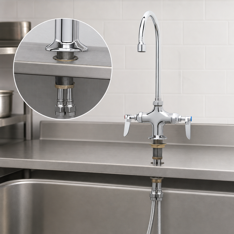 Product image #3 for T&S Brass Low-Lead Double Pantry Deck-Mount Mixing Faucet with Swivel Gooseneck and Lever Handles