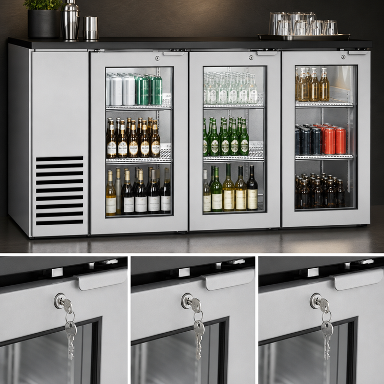 Product image #3 for True 72-1/8-Inch Two-Section Back Bar Cooler with 3 Glass Doors and Side-Mounted Self-Contained Refrigeration
