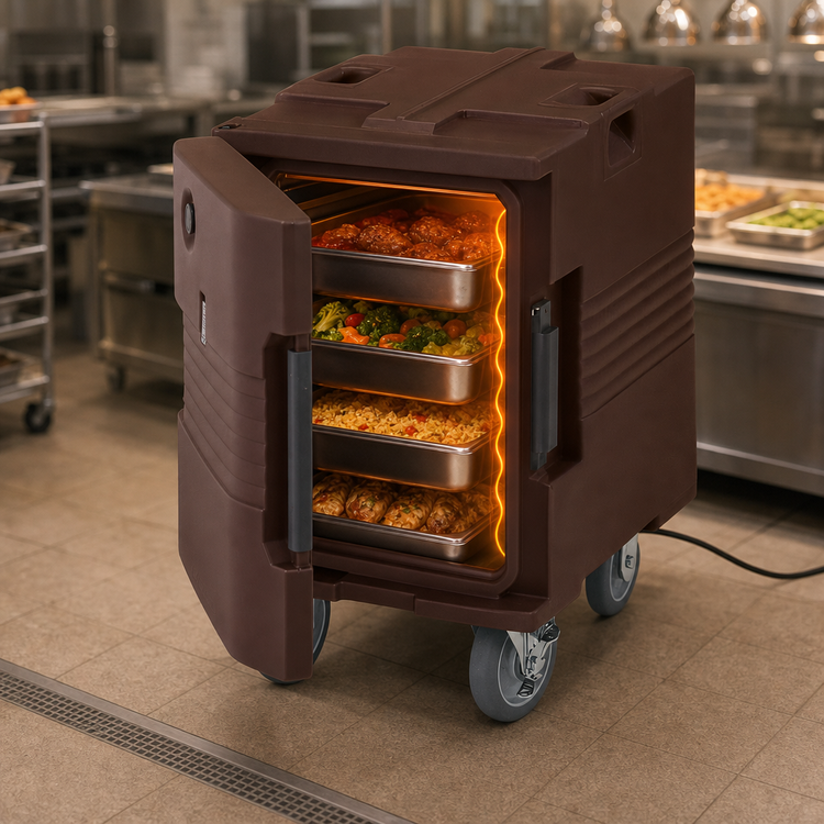 Product image #4 for Cambro Ultra Pan Carrier Heated Front-Loading Food Pan Carrier with Casters, 1-Compartment, 110V, Dark Brown