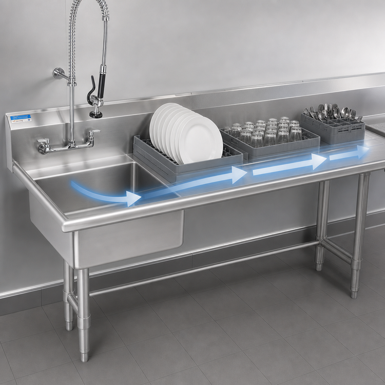 Product image #3 for BK Resources 26-Inch Left-to-Right Soiled Dish Table with 20 x 20 x 8-Inch Pre-Rinse Sink and 10-Inch Backsplash