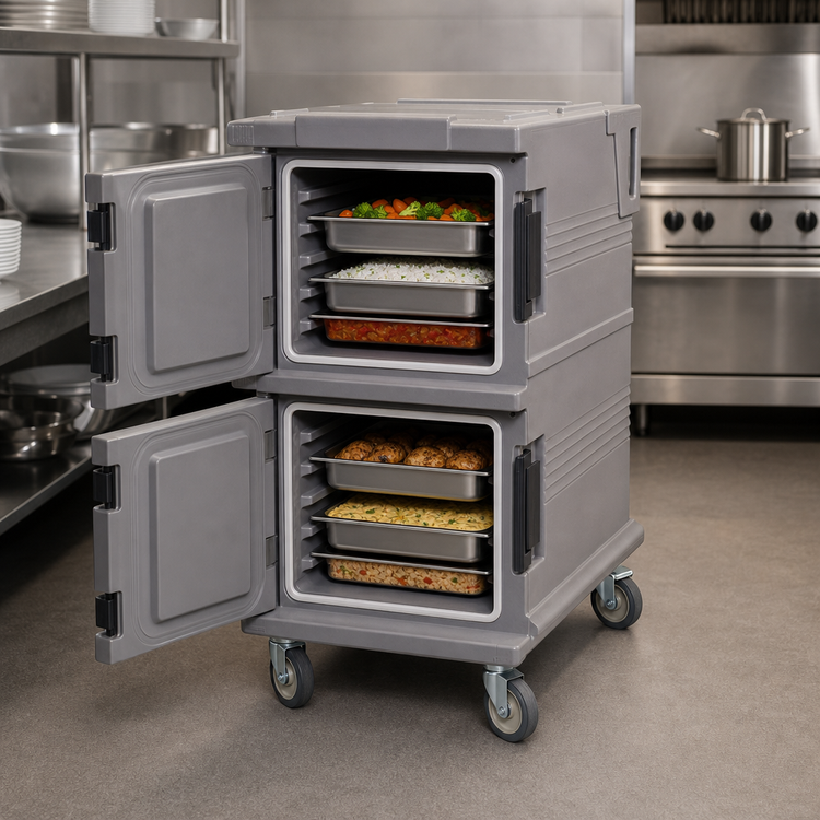 Product image #4 for Cambro Ultra Camcart® Double-Compartment Front-Loading Insulated Food Pan Carrier for Full-Size Pans, Granite Gray
