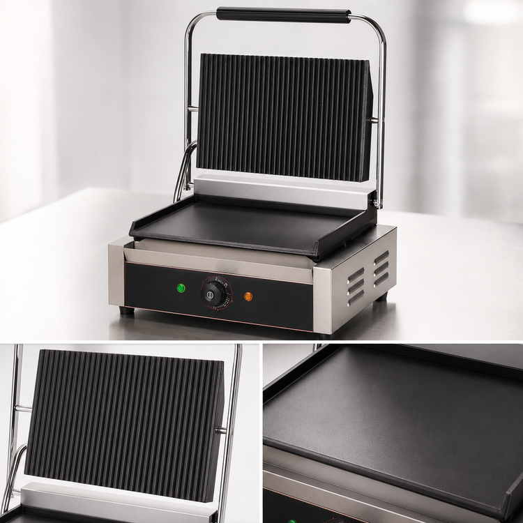 Product image #3 for Serv-Ware Single Countertop Electric Panini Grill with Grooved Top and Flat Bottom
