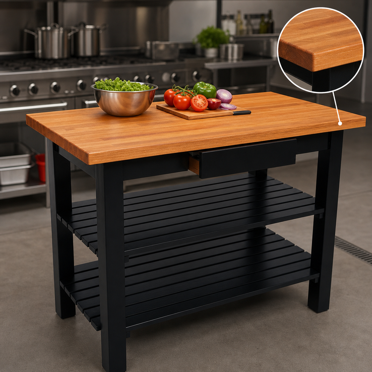 Product image #4 for John Boos Appalachian Red Oak Wood Top Country Work Table with 2 Slatted Undershelves, 60 x 36 x 34-3/4 Inches