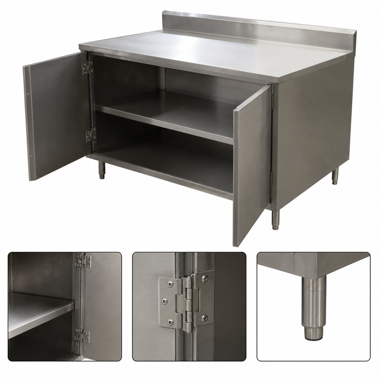 Product image #3 for BK Resources Stainless Steel Enclosed Work Table with Cabinet Base and Hinged Doors, 18 x 30 Inch, 5 Inch Backsplash