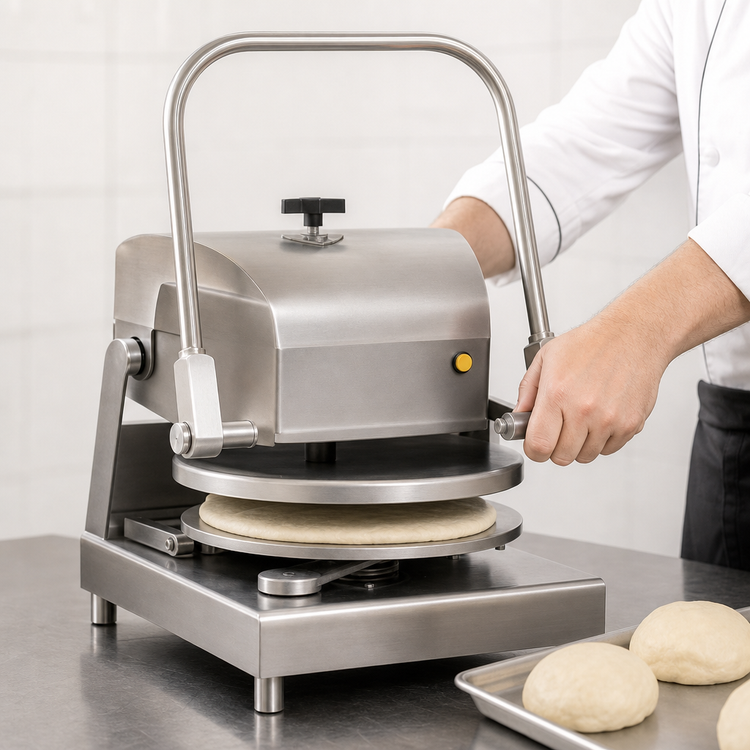 Product image #4 for DoughXpress DXM-SS-120 Commercial Manual Pizza Dough Press with Heated Upper Platen, 18" Diameter