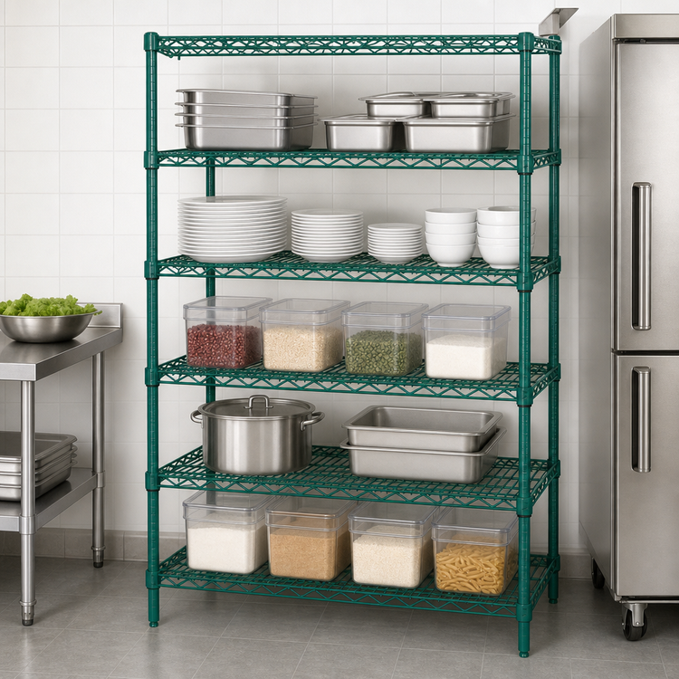 Product image #3 for Quantum 5-Shelf Wire Shelving Starter Kit, 60W x 36D x 74H, Green Epoxy Antimicrobial Finish