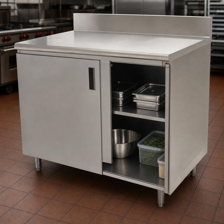 Product image #3 for Advance Tabco Special Value Economy Enclosed Work Table with Sliding Doors, 120-Inch W x 24-Inch D, 16-Gauge 304 Stainless Steel Top, 5-Inch Backsplash
