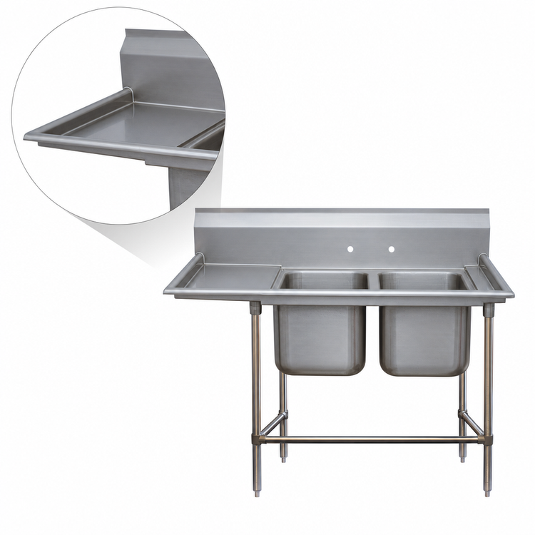 Product image #3 for Advance Tabco Regaline 94 Series 2-Compartment Sink with Left-Hand Drainboard, 20 x 28 Inch Bowls, 14 Gauge 304 Stainless Steel