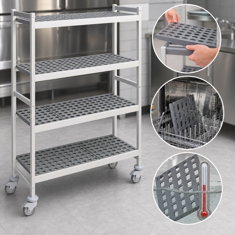 Product image #3 for Fermostock 4-Tier Mobile Shelving Unit with Removable Polymer Inserts, 35W x 14D x 71H, Gray