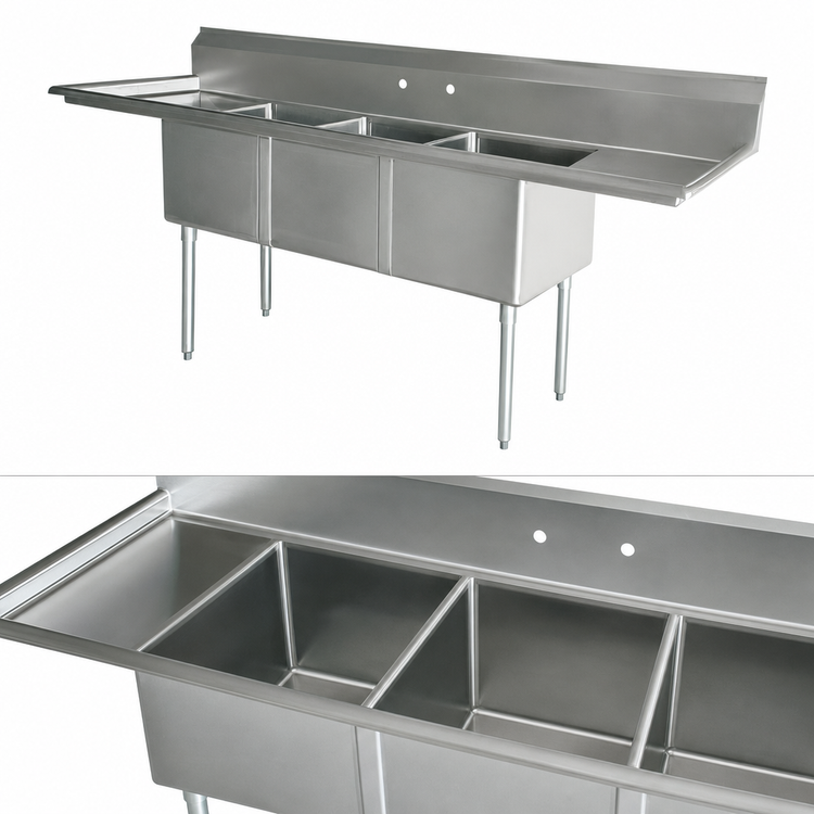 Product image #3 for Omcan USA 3-Compartment Pot Sink with Left and Right Drainboards, 24 x 24 x 14-Inch Bowls